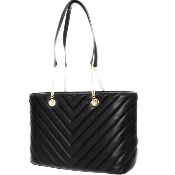 DKNY Veronica Medium Tote Bag Vegan Chevron Stitched Black Leather Shoulder Bag - Picture 3 of 5